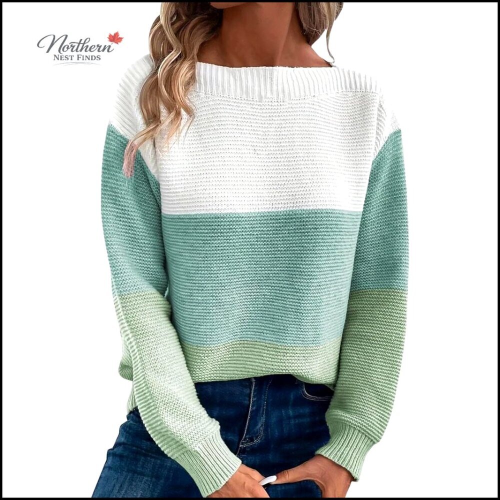 Long Sleeve Crew Neck Color Block Knitted Pullover Sweater